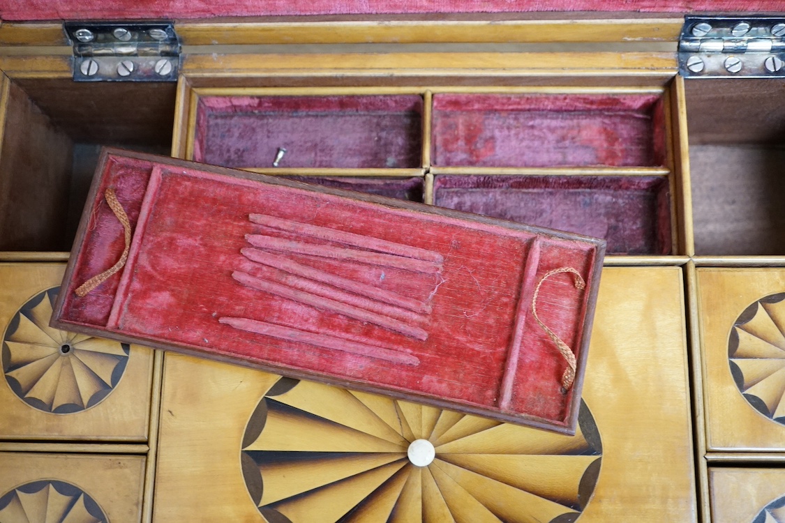 A 19th century paterae inlaid satinwood writing box, 39cm wide. CITES Submission reference ASNPNB4A. Condition - fair.